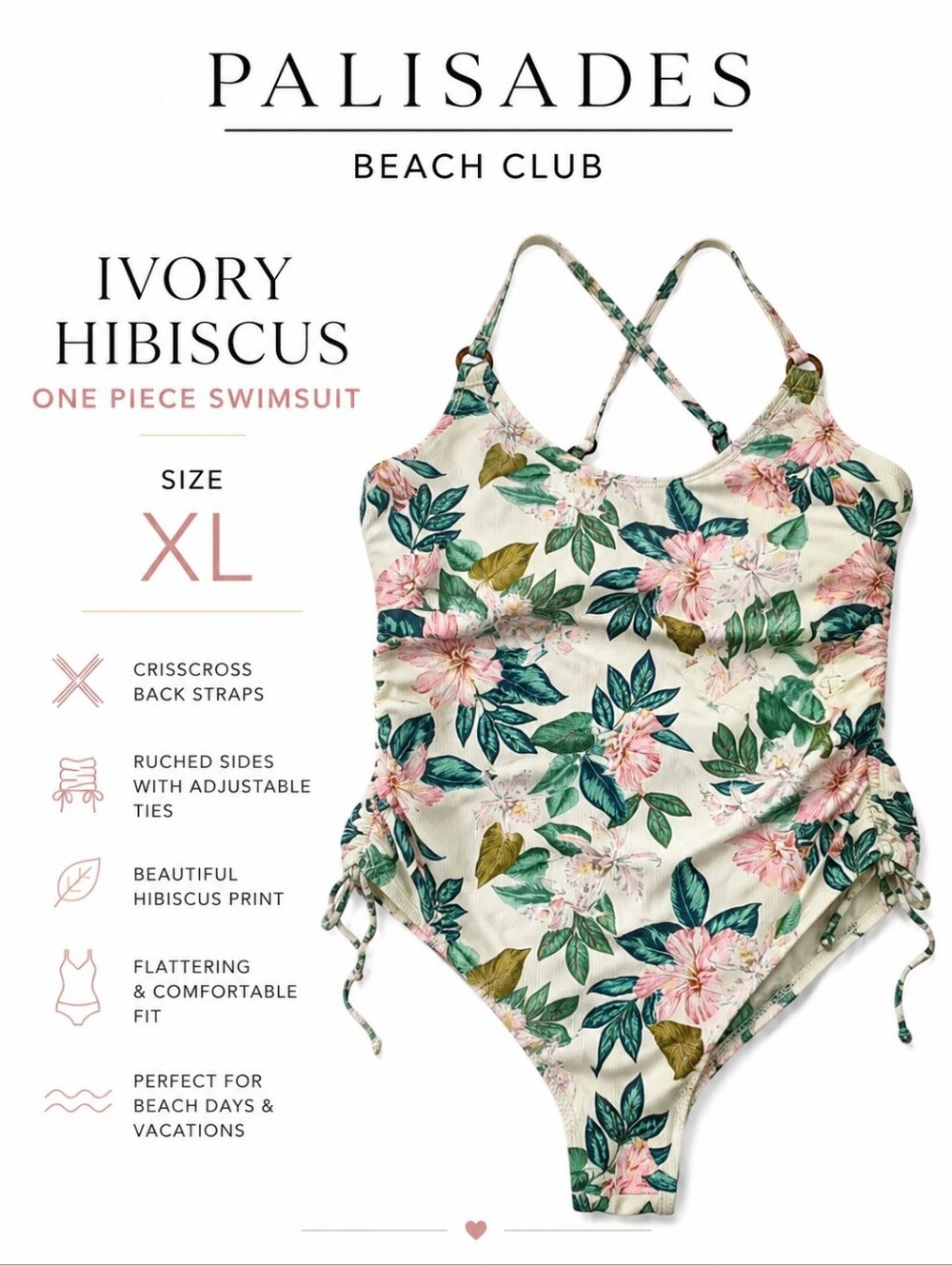 Palisades Beach Club Ivory Hibiscus One Piece Swimsuit Size XL